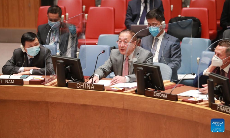 Zhang Jun, China's permanent representative to the United Nations, speaks at a Security Council meeting on the Comprehensive Nuclear-Test-Ban Treaty (CTBT) at the UN headquarters in New York, Sept. 27, 2021. Zhang pledged at the meeting on Monday that China will continue to contribute to the entry into force of the CTBT. (Xinhua)