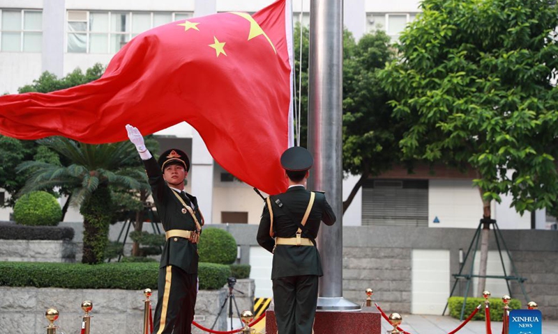 The Chinese People's Liberation Army (PLA) Garrison in the Macao Special Administrative Region holds a flag-raising ceremony to celebrate the 72nd anniversary of the founding of the People's Republic of China in Macao, south China, Oct. 1, 2021. Photo: Xinhua