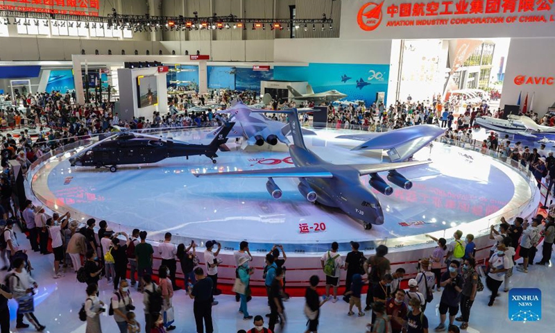 Visitors view exhibits during the 13th China International Aviation and Aerospace Exhibition, or Airshow China 2021, in Zhuhai, south China's Guangdong Province, Oct. 1, 2021.Photo:Xinhua