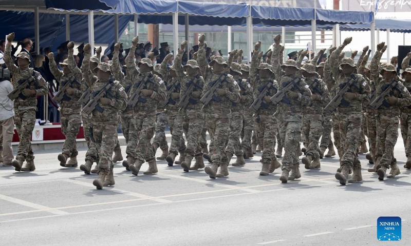 Soldiers of Cypriot National Guard march on a military parade celebrating the 61st Independence Day of Cyprus in Nicosia, Cyprus, on Oct. 1, 2021.Photo:Xinhua