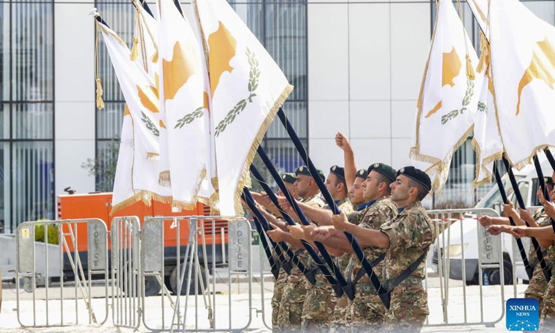 Soldiers of Cypriot National Guard march on a military parade celebrating the 61st Independence Day of Cyprus in Nicosia, Cyprus, on Oct. 1, 2021.Photo:Xinhua
