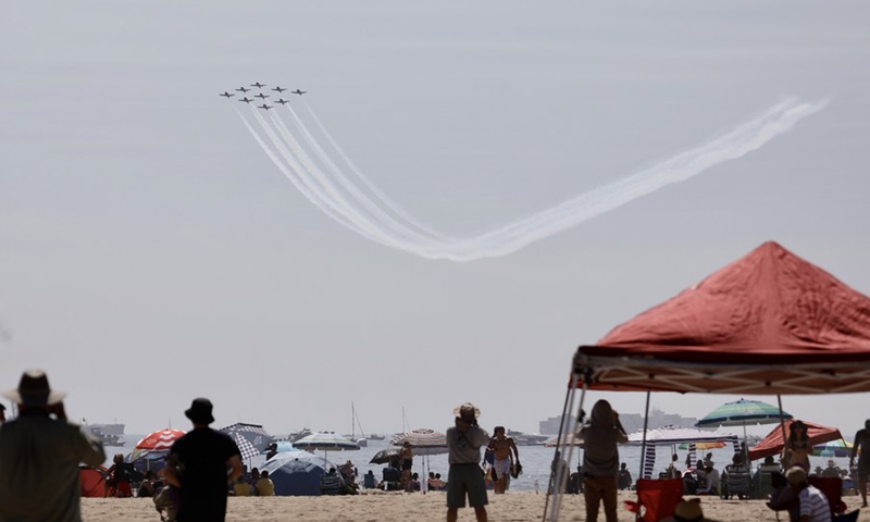 People watch the Pacific Airshow at Huntington Beach, California, the United States on Oct. 1, 2021.(Photo: Xinhua)