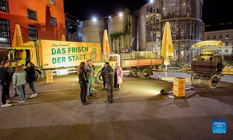 People visit the Ottakringer Brewery in Vienna, Austria, on Oct. 2, 2021. The Ottakringer Brewery was transformed into a museum for one night to greet visitors as part of the Long Night of Museums on Saturday. Around 640 museums, galleries, and cultural institutions presented their collections and exhibitions during the Long Night of Museums.(Photo: Xinhua)