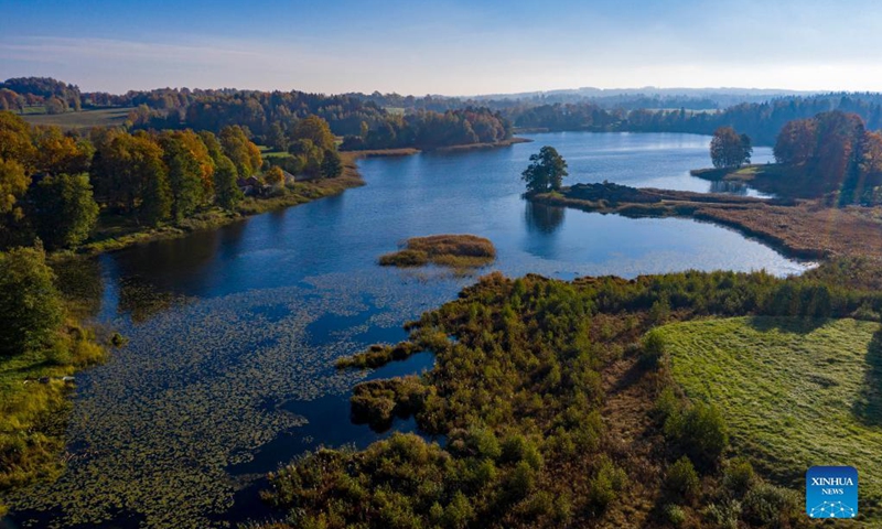 Aerial photo taken on Oct. 3, 2021 shows the autumn scenery in Cesis, Latvia. (Photo by Edijs Palens/Xinhua)