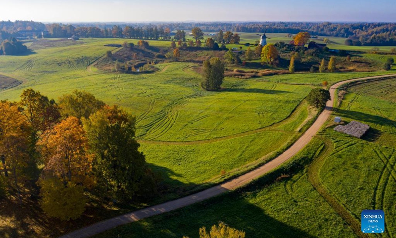 Aerial photo taken on Oct. 3, 2021 shows the autumn scenery in Cesis, Latvia. (Photo by Edijs Palens/Xinhua)

