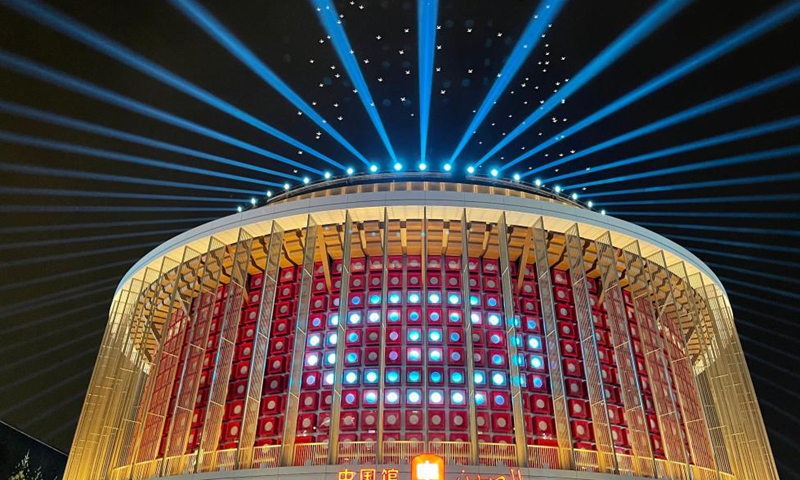 Photo taken on Oct. 4, 2021 shows the light show at the China Pavilion of Expo 2020 Dubai in Dubai, the United Arab Emirates. Covering an area of 4,636 square meters, the China Pavilion is one of the largest at the expo. Featuring a lantern-shaped design, the pavilion is called The Light of China, symbolizing hope and a bright future. (Xinhua/Su Xiaopo)