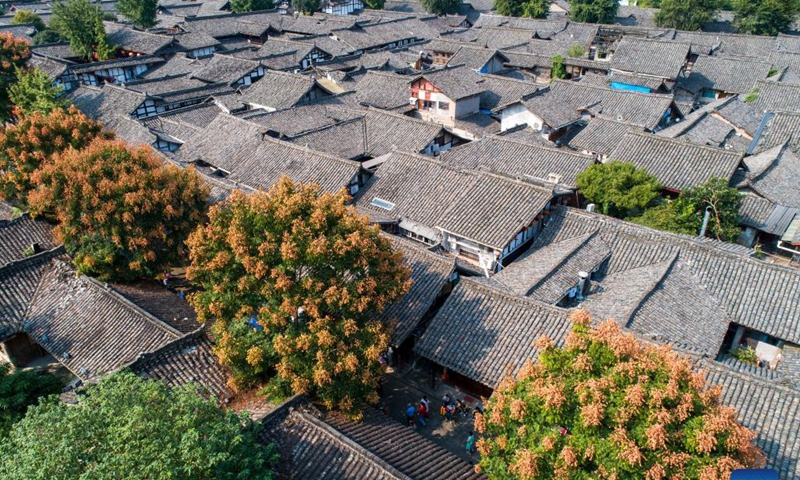 Aerial photo taken on Oct. 2, 2021 shows a view of the Langzhong ancient city in Nanchong, southwest China's Sichuan Province. (Photo by Wang Yugui/Xinhua)