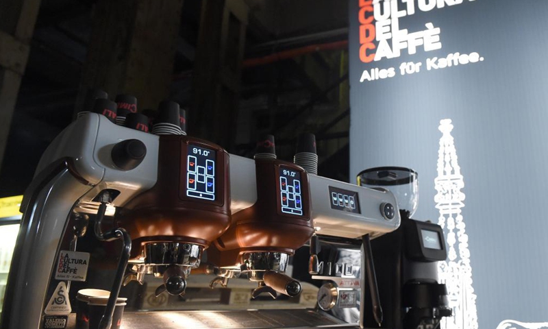 Coffee machines are exhibited at the 2021 Vienna Coffee Festival in Vienna, Austria, on Oct. 8, 2021. The 2021 Vienna Coffee Festival is held here in the Ottakringer Brewery from Oct. 8 to Oct. 10, attracting over 60 exhibitors from all over the world. Photo:Xinhua