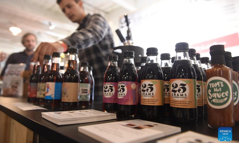 Coffee drinks are on display at the 2021 Vienna Coffee Festival in Vienna, Austria, on Oct. 8, 2021. The 2021 Vienna Coffee Festival is held here in the Ottakringer Brewery from Oct. 8 to Oct. 10, attracting over 60 exhibitors from all over the world. Photo:Xinhua