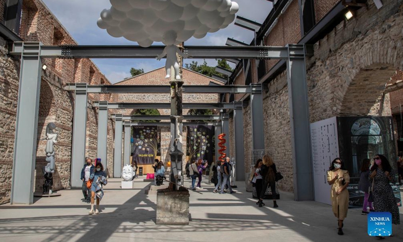 People visit the Contemporary Istanbul art fair in Istanbul,Turkey, on Oct. 8, 2021. Contemporary Istanbul, Turkey's leading art fair, hosted the 16th edition at its new venue, an ancient shipyard, amid the COVID-19 pandemic. The event, which kicked off on Tuesday, will run until Oct. 10. Photo:Xinhua