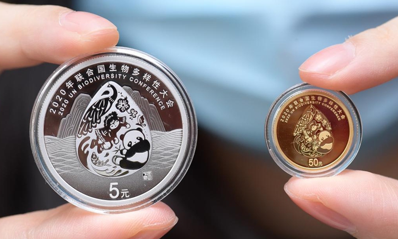 Photo taken on Oct. 9, 2021 shows the reverse of the commemorative coins to celebrate the 2020 UN Biodiversity Conference, in Beijing, capital of China. China's central bank is set to issue a set of commemorative coins on Oct. 11, 2021 to celebrate the 2020 UN Biodiversity Conference. The commemorative set contains one gold coin and one silver coin.Photo:Xinhua