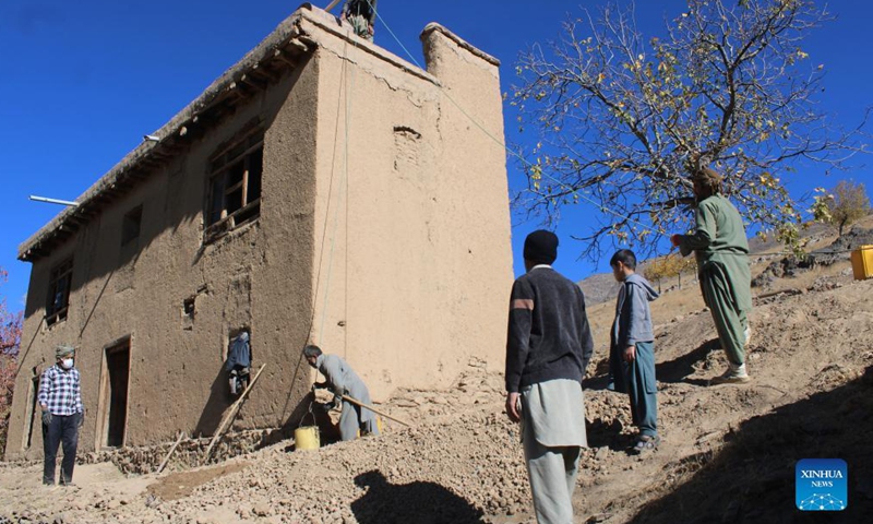 Displaced people rebuild a damaged house after returning to hometown in Jalrez district of eastern Wardak province, Afghanistan, on Oct. 15, 2021.Photo:Xinhua
