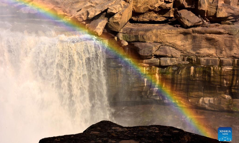 Photo taken on Oct. 18, 2021 shows a rainbow over the Yellow River's Hukou Waterfall in northwest China's Shaanxi Province. (Photo: Xinhua)