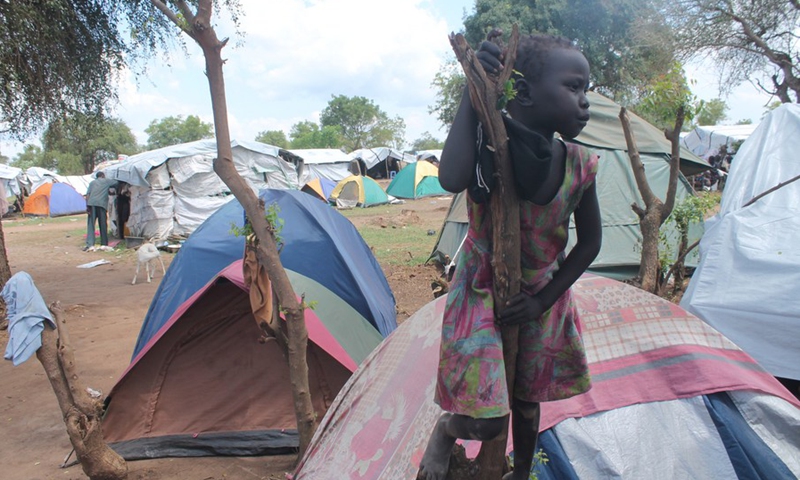 A child is seen at a temporary camp hosting flood victims in Mangalla, South Sudan, Oct. 23, 2020. (Photo: Xinhua)