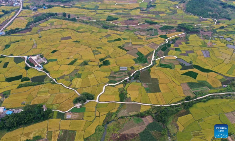 Aerial photo taken on Oct. 23, 2021 shows the countryside scenery at Xingui Village of Rongan County, south China's Guangxi Zhuang Autonomous Region.(Photo: Xinhua)