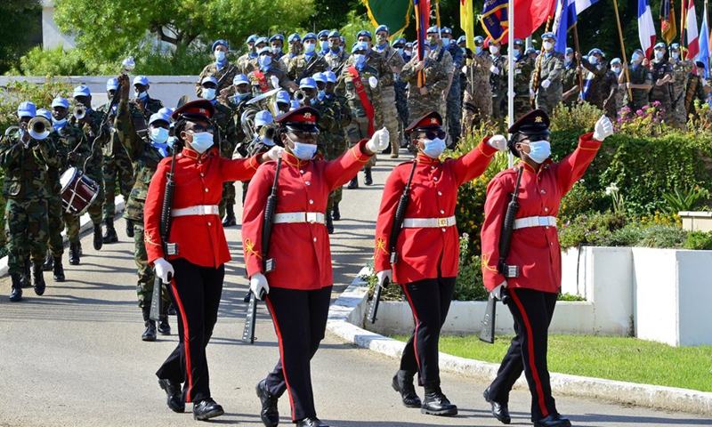 UNIFIL peacekeepers march in a military parade in celebration of the United Nations Day in Naqoura, south Lebanon, on Oct. 25, 2021.(Photo: Xinhua) 