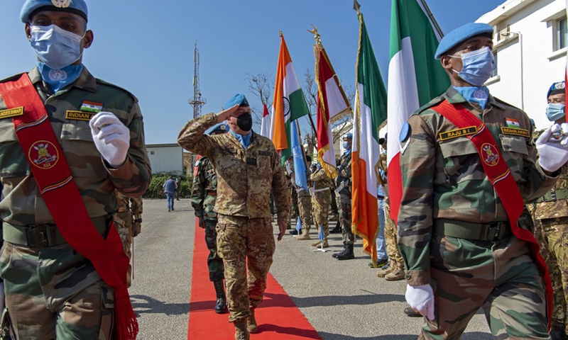 UNIFIL's Head of Mission and Force Commander Stefano Del Col (C) salutes to UN peacekeepers during the United Nations Day events held in Naqoura, south Lebanon, on Oct. 25, 2021. (Photo: Xinhua) 