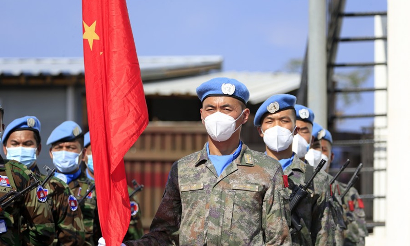 Chinese peacekeepers take part in a military parade in celebration of the United Nations Day in Naqoura, south Lebanon, on Oct. 25, 2021.(Photo: Xinhua) 