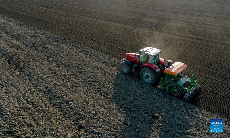 Aerial photo taken on Oct. 26, 2021 shows an agricultural machine sowing seeds of winter wheat in the fields at Yanli Township in Xingtai, north China's Hebei Province.(Photo: Xinhua)