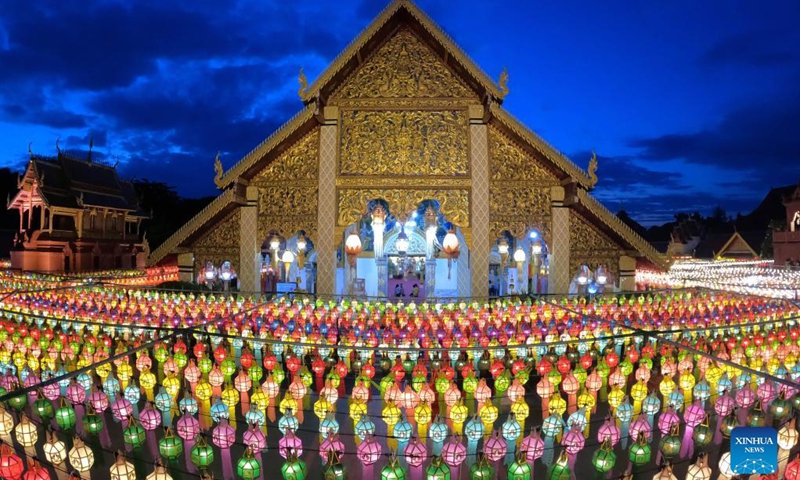 Colorful lanterns are seen at the Wat Phra That Hariphunchai in Lamphun, Thailand, Oct. 25, 2021. Lamphun Province of Thailand held a grand lantern festival at the Wat Phra That Hariphunchai, attracting tourists to hang lanterns and make wishes. (Photo: Xinhua)