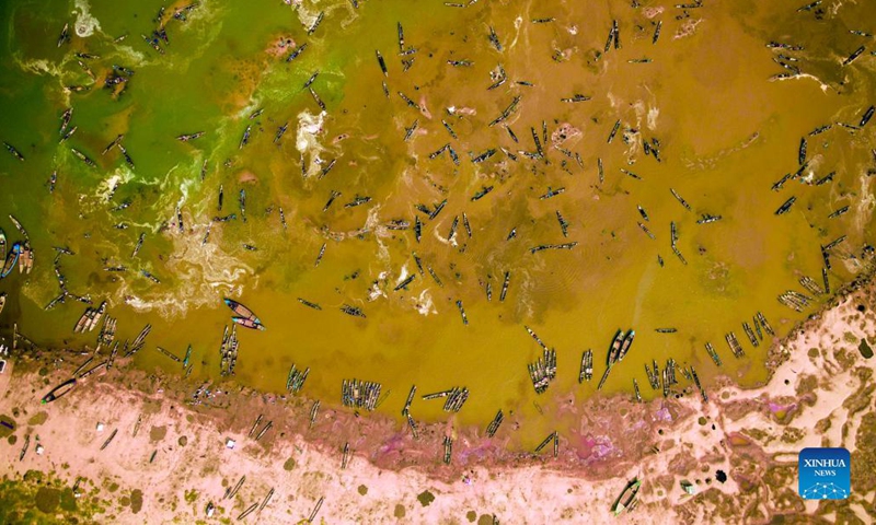 Aerial photo taken on Oct. 24, 2021 shows a view of a quarry in the Jadukata river in Sunamganj, Bangladesh. (Photo: Xinhua)