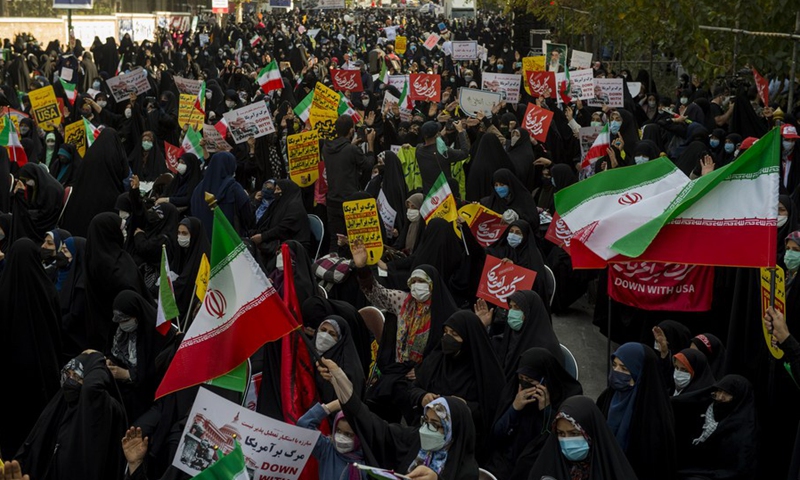 Iranians take to the streets to attend a rally marking the 42nd anniversary of seizing the U.S. embassy in Tehran, Iran, on Nov. 4, 2021.(Photo: Xinhua)
