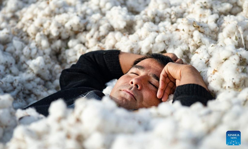 Amar Aziz takes a nap in a cotton pile in Toyboldi Town of Xayar County, Aksu Prefecture, northwest China's Xinjiang Uygur Autonomous Region, Oct. 26, 2021. Amar Aziz lives in Xayar County, Aksu Prefecture, which is an important cotton-producing area in Xinjiang. His family has been planting cotton for more than 20 years. In the early years, cotton planting and picking mainly depended on manpower.(Photo: Xinhua)