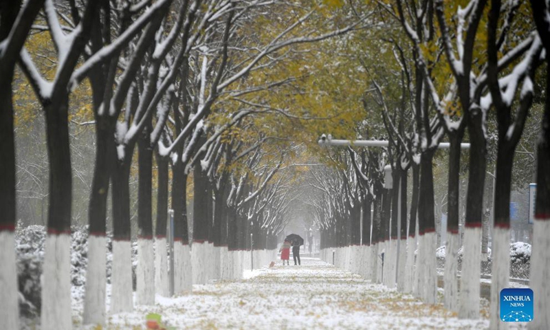 People take photos in snow in Yinchuan, northwest China's Ningxia Hui Autonomous Region, Nov. 6, 2021.Photo:Xinhua