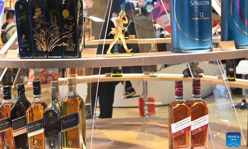 Wine products are on display at the Food and Agricultural Products Exhibition Area of the 4th China International Import Expo (CIIE) in east China's Shanghai, Nov. 6, 2021.Photo:Xinhua