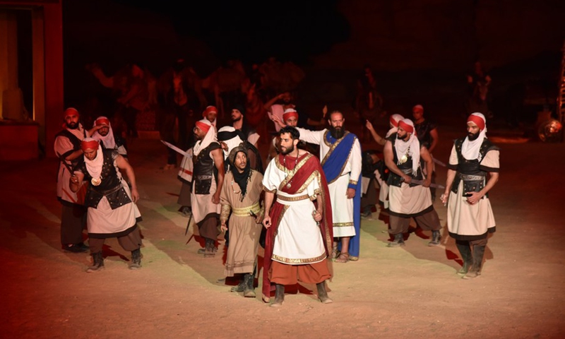 Photo taken on Nov. 4, 2021 shows an interactive performance about the Nabataean's warrior queen in Queen Shaklith Historical Re-enactment Show in Alula, Saudi Arabia.(Photo: Xinhua)