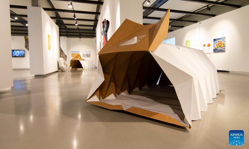 Photo taken on Nov. 13, 2021 shows a folded cardboard shelter called Cardborigami at the exhibition Survival Architecture and the Art of Resilience in Toronto, Canada.Photo:Xinhua
