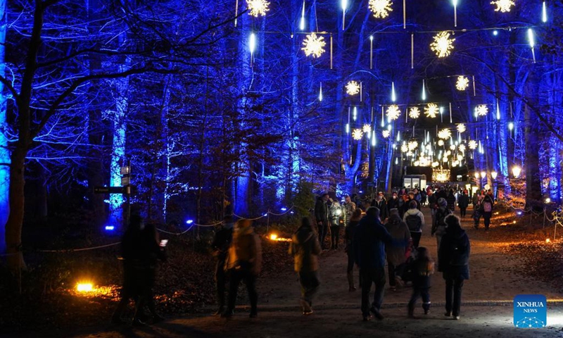 Visitors walk past illuminated trees with light decorations during the Christmas Garden Berlin light show at Berlin-Dahlem Botanical Garden in Berlin, capital of Germany, Nov. 19, 2021. The Christmas Garden Berlin kicked off on Friday and will last until Jan. 9, 2022. (Photo by Stefan Zeitz/Xinhua)
