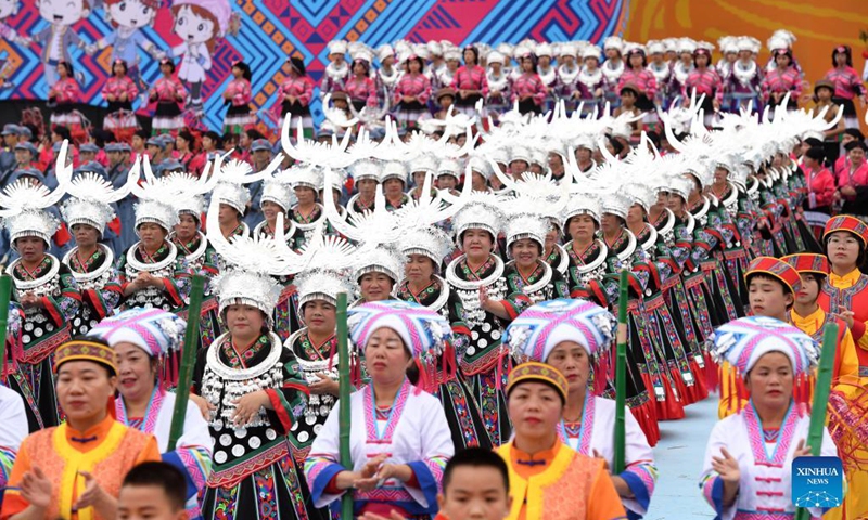 People of various ethnic groups attend the celebration event of the 70th anniversary of the founding of Longsheng County in Longsheng County, south China's Guangxi Zhuang Autonomous Region, Nov. 19, 2021. A celebration event was held in Longsheng on Friday, marking the 70th anniversary of the founding of the autonomous county resided by people of various ethnic groups. (Xinhua/Lu Boan)