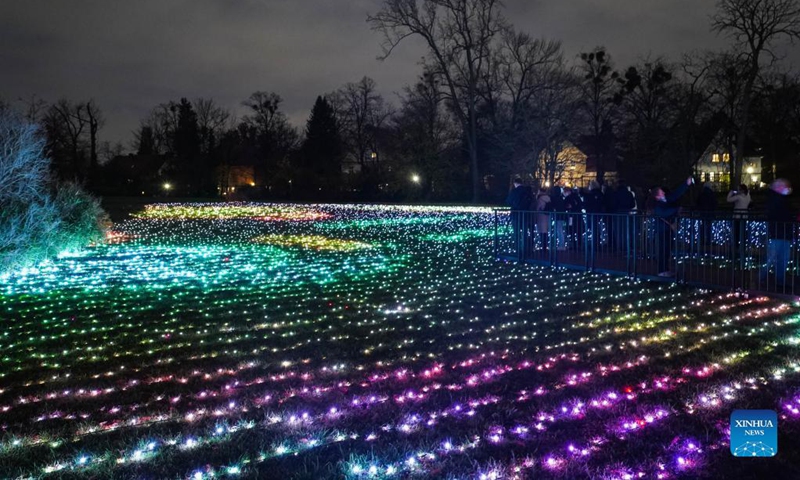 Visitors look at light decorations during the Christmas Garden Berlin light show at Berlin-Dahlem Botanical Garden in Berlin, capital of Germany, Nov. 19, 2021. The Christmas Garden Berlin kicked off on Friday and will last until Jan. 9, 2022. (Photo by Stefan Zeitz/Xinhua)