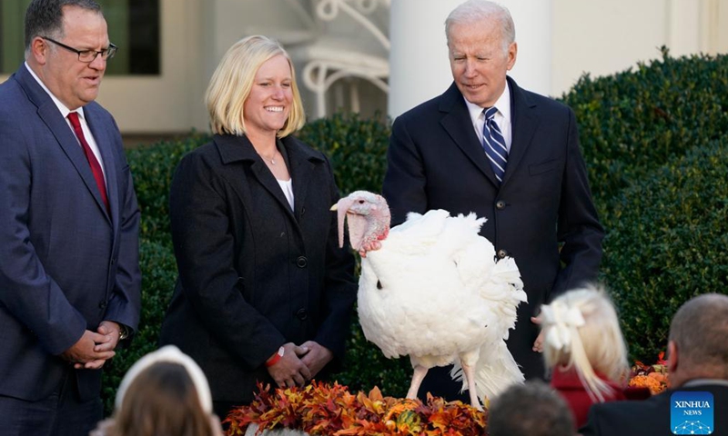US President Joe Biden participates in the National Thanksgiving Turkey Pardoning Ceremony at the White House in Washington, DC Nov 19, 2021.Photo:Xinhua
