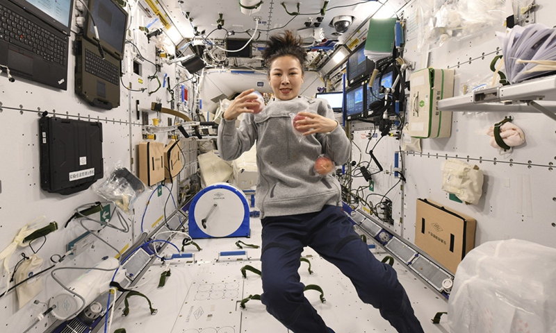 Photo provided by the Astronaut Center of China shows Chinese female taikonaut Wang Yaping in the space station core module Tianhe.(Photo; Xinhua)