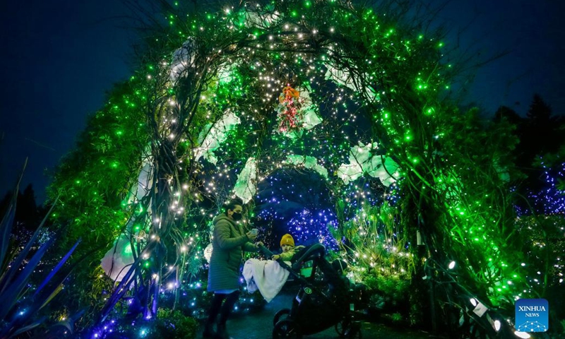 People look at the light decorations at VanDusen Botanical Garden in Vancouver, British Columbia, Canada, Nov 26, 2021. The Festival of Lights returned Friday night after being postponed last year due to COVID-19 pandemic. Over a million lights are seen in the 15 acres of VanDusen Botanical Garden.Photo:Xinhua