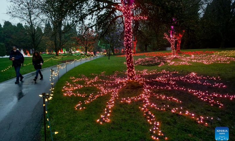 People look at the light decorations at VanDusen Botanical Garden in Vancouver, British Columbia, Canada, Nov 26, 2021. The Festival of Lights returned Friday night after being postponed last year due to COVID-19 pandemic. Over a million lights are seen in the 15 acres of VanDusen Botanical Garden.Photo:Xinhua