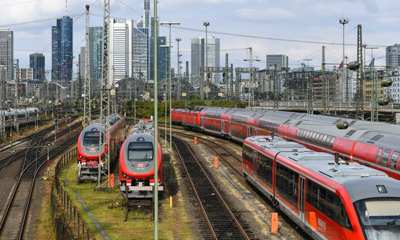 Trains are seen during a train drivers' strike at the rail yard of Frankfurt central station in Frankfurt, Germany, on Aug. 23, 2021. (Photo: Xinhua)