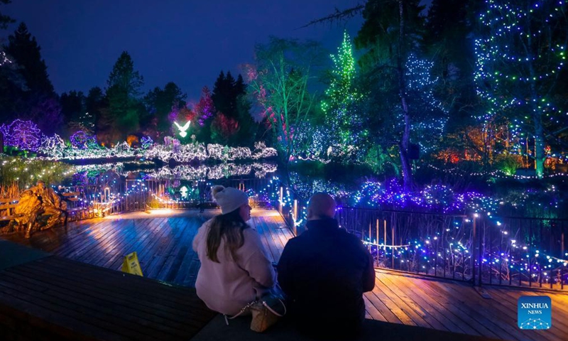 People look at the light decorations at VanDusen Botanical Garden in Vancouver, British Columbia, Canada, Nov 26, 2021. The Festival of Lights returned Friday night after being postponed last year due to COVID-19 pandemic. Over a million lights are seen in the 15 acres of VanDusen Botanical Garden.Photo:Xinhua