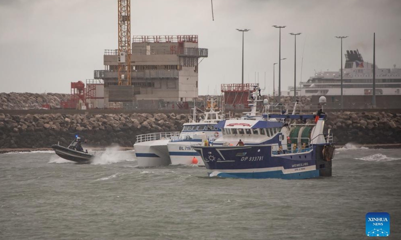 French fishing boats are seen at the entrance to the port of Calais, France, on Nov. 26, 2021.Photo:Xinhua