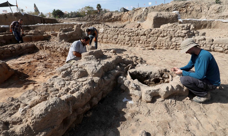 Staff members of Israel Antiquities Authority work at an excavation site in central Israeli city of Yavne on Nov. 29, 2021.(Photo: Xinhua)