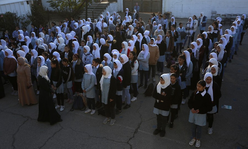 Palestinian students are seen at al-Lubban secondary school in the village of al-Lubban al-Sharqiya near the West Bank city of Nablus, on Nov. 24, 2021.(Photo: Xinhua)