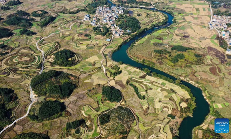 Aerial photo taken on Dec. 2, 2021 shows the scenery of Dongxiang Village, Tantou Township, Rong'an County, south China's Guangxi Zhuang Autonomous Region.(Photo: Xinhua)