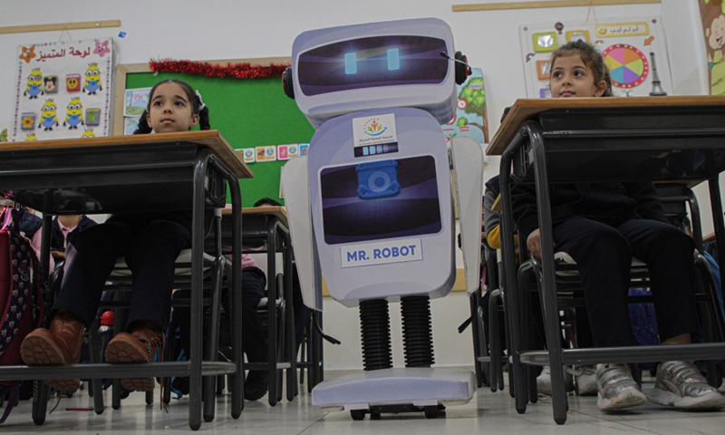 An interactive robot is seen inside a classroom, at al-Basma school in Gaza City, on Nov. 28, 2021.(Photo: Xinhua)