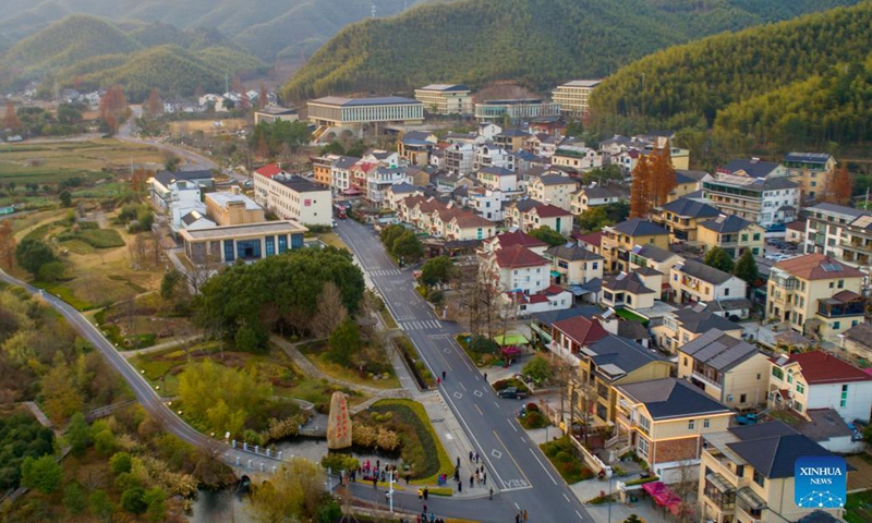 Aerial photo taken on Dec 3, 2021 shows the scenery of Yucun Village in Anji, east China's Zhejiang Province.Photo:Xinhua