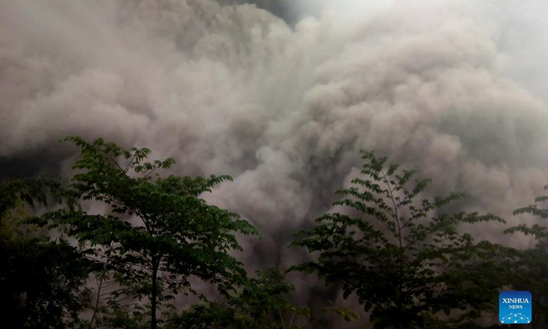 Video image released by Indonesia's National Disaster Management Agency (BNPB) shows Mount Semeru spewing volcanic materials in Lumajang, East Java, Indonesia, Dec. 4, 2021.Photo:Xinhua