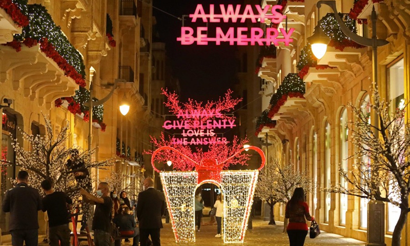 Christmas decorations are seen in downtown Beirut, Lebanon, on Dec. 6, 2021.(Photo: Xinhua)