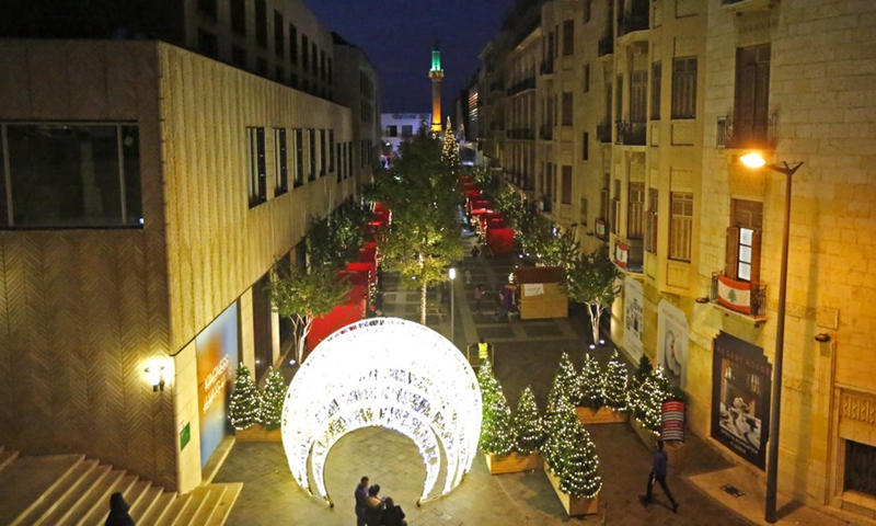 Christmas decorations are seen in downtown Beirut, Lebanon, on Dec. 6, 2021.(Photo: Xinhua)