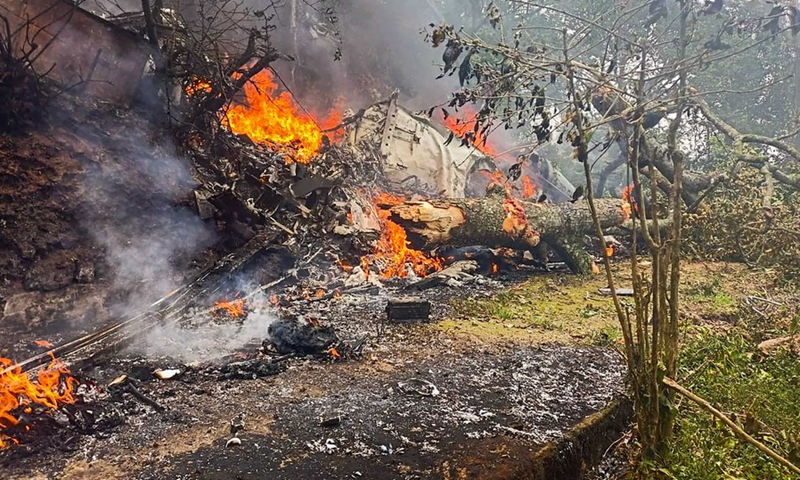 A view of site where an Indian Air Force helicopter crashed at Coonoor area of Nilgiris district, about 538 km southwest of Chennai, the capital city of India's Tamil Nadu state, Dec. 8, 2021.(Photo: Xinhua)